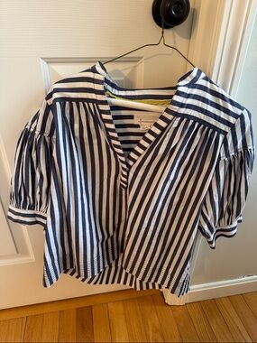 Anthropologie Navy and White Striped Puff Sleeve Blouse